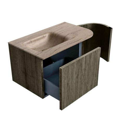 MONDIAZ KURVE-DLUX meuble de salle de bains 75cm courbure droite couleur Shadow avec 1 tiroir et 1 porte. Lavabo GRUNNE gauche 1 trou de robinet Saba. SW1433235