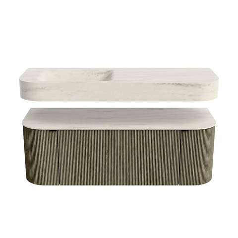 MONDIAZ THOR-DLUX 130cm meuble de salle de bains arrondi gauche + droite couleur Shadow avec 1 tiroir et 2 portes. Vasque suspendue CLOUD gauche sans trou de robinet couleur Meli. SW1463872