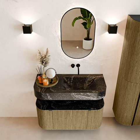 MONDIAZ THOR-DLUX 100cm meuble de salle de bains arrondi gauche + droite couleur Dusk avec 1 tiroir et 2 portes. Vasque suspendue CLOUD Droite sans trou de robinet couleur Lava. SW1467344
