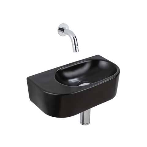 QeramiQ Fuente pack lave-mains – demi-rond – 40 x 21,5 x 12 cm – céramique noir mat – sans perçage – robinet chromé SW1233076