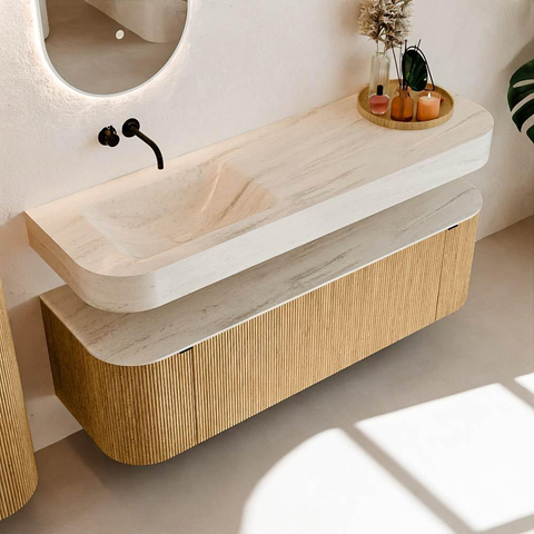 MONDIAZ THOR-DLUX 150cm meuble de salle de bains arrondi gauche + droite couleur Chêne avec 1 tiroir et 2 portes. Vasque suspendue CLOUD Gauche sans trou de robinet couleur Meli. SW1464750