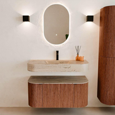 MONDIAZ THOR-DLUX 100cm meuble de salle de bains arrondi gauche + droite couleur Ruby avec 1 tiroir et 2 portes. Vasque suspendue CLOUD Milieu 1 trou de robinet couleur Arena. SW1467459