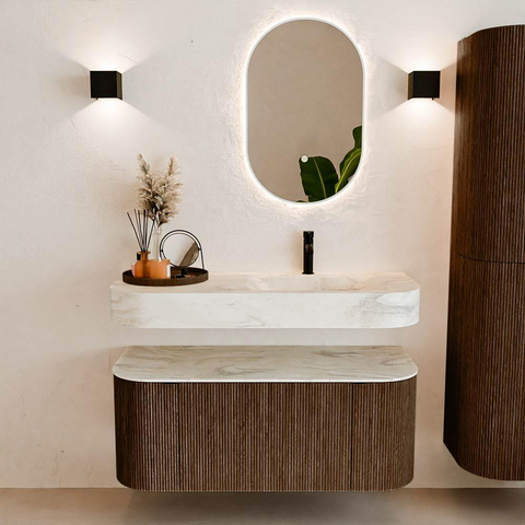 MONDIAZ THOR-DLUX 110cm badmeubel ronding links + rechts kleur Walnut met 1 lade en 2 deuren. Vrijhangende wastafel CLOUD Rechts 1 kraangat kleur Ostra. SW1462780