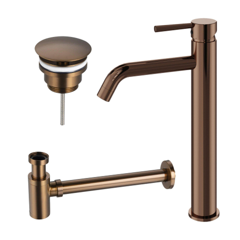 Fortifura Calvi Wastafelkraanset - verhoogde wastafelkraan - always open plug - verlaagde design - sifon - PVD - geborsteld koper SW1079953