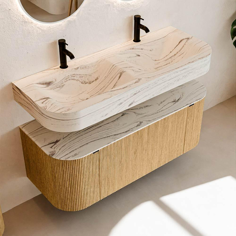 MONDIAZ THOR-DLUX 120cm badmeubel ronding links + rechts kleur Oak met 1 lade en 2 deuren. Vrijhangende wastafel CLOUD Dubbel 2 kraangaten kleur Nata. SW1463356
