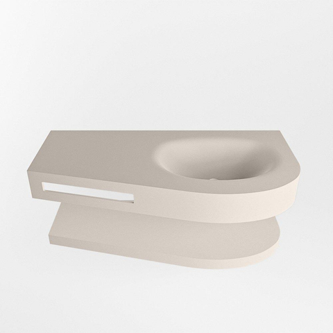 MONDIAZ RIVA Badkamermeubelset - 100x50x5.8cm - 0 lades - Linen mat - 0 kraangaten - wasbak rechts - solid surface linen + Mondiaz Click sifon - 6.7cm - ruimtebesparend - rond - Solid surface Linen SHOWROOMMODEL SHOW26700