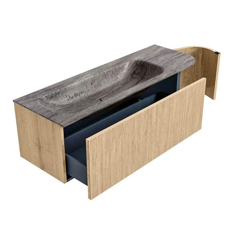 MONDIAZ KURVE-DLUX 135cm badmeubel ronding Rechts kleur Oak met 1 lade en 1 deur. Wastafel BIG MEDIUM Links 1 kraangat Oza. SW1432661
