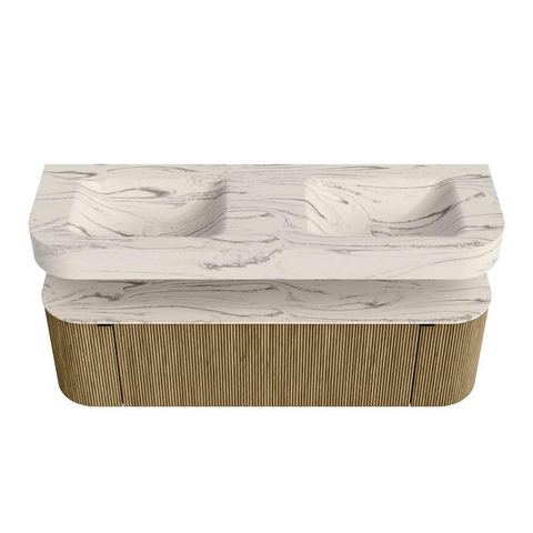 MONDIAZ THOR-DLUX 150cm meuble de salle de bains arrondi gauche + droite couleur Dusk avec 1 tiroir et 2 portes. Vasque suspendue CLOUD Double sans trou de robinet couleur Nata. SW1464811