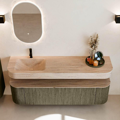 MONDIAZ THOR-DLUX Meuble de salle de bains 170cm arrondi gauche + droite couleur Shadow avec 1 tiroir et 2 portes. Vasque suspendue CLOUD Gauche 1 trou de robinet couleur Saba. SW1465830