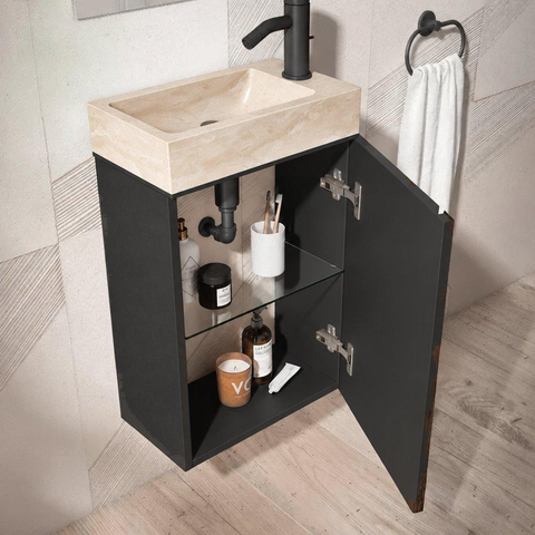Saniclass Chaci Ensemble lavabo - 40x65cm - 1 porte - 1 trou de robinet - droite - lavabo travertin - noir mat SW1482369
