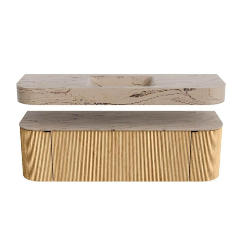 MONDIAZ THOR-DLUX 150cm meuble de salle de bains arrondi gauche + droite couleur Oak avec 1 tiroir et 2 portes. Vasque suspendue CLOUD Milieu 1 trou de robinet couleur Arena. SW1464733