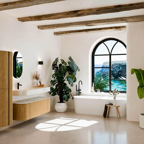 MONDIAZ THOR-DLUX 140cm badmeubel ronding links + rechts kleur Oak met 1 lade en 2 deuren. Vrijhangende wastafel CLOUD Links 1 kraangat kleur Ostra. SW1463979