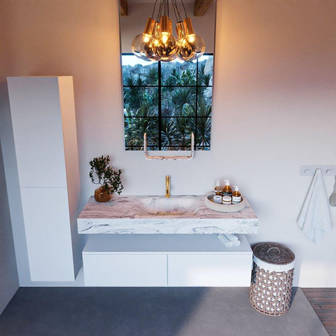 Mondiaz ALAN-DLUX Ensemble de meuble - 130cm - meuble Talc mat - 2 tiroirs - Lavabo Cloud Glace suspendu - vasque Centre - 1 trou de robinet SW805586