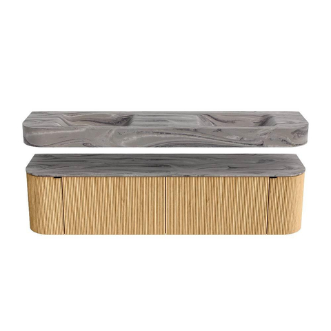 MONDIAZ THOR-DLUX 180cm meuble de salle de bains arrondi gauche + droite couleur Oak avec 2 tiroirs et 2 portes. Vasque suspendue CLOUD Double 2 trous de robinet couleur Sombra. SW1466253