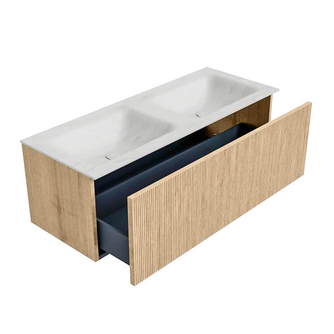 MONDIAZ KURVE-DLUX Meuble de salle de bains 120 cm couleur chêne avec 1 tiroir. Vasque LEAF double sans trou de robinet couleur Opalo. SW1137583