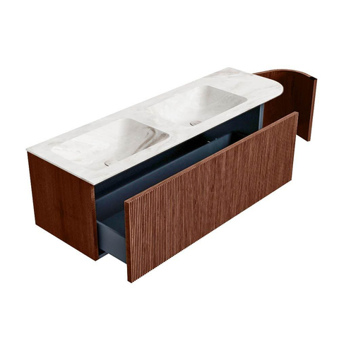 Mondiaz KURVE-DLUX Badkamermeubelset - 145x46x40cm - 1 lade - 1 deur - wastafel solid surface - dubbel / links - zonder kraangat - Ruby SW1415670