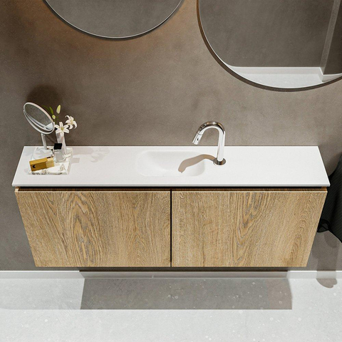 MONDIAZ TURE Kit lave-mains - 120x23x50cm - 1 trou de robinet - 2 portes - chêne blanchi mat - Lavabo centré - Solid Surface Blanc SW475143