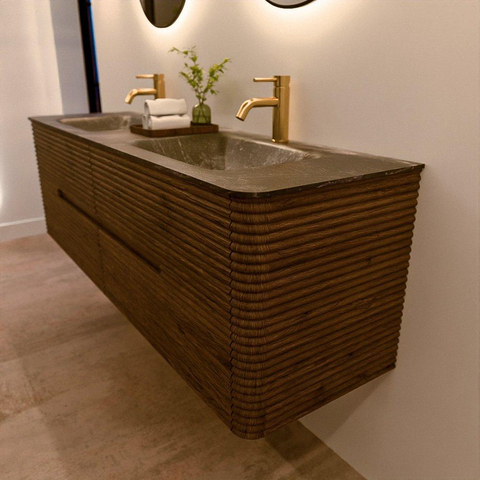 Mondiaz CIRO-DLUX Badkamermeubelset - 160x45x50cm - Solid surface wastafel Lava - 2 wasbak Dubbel - 2 kraangaten - 4 lades - Dusk SW1533059