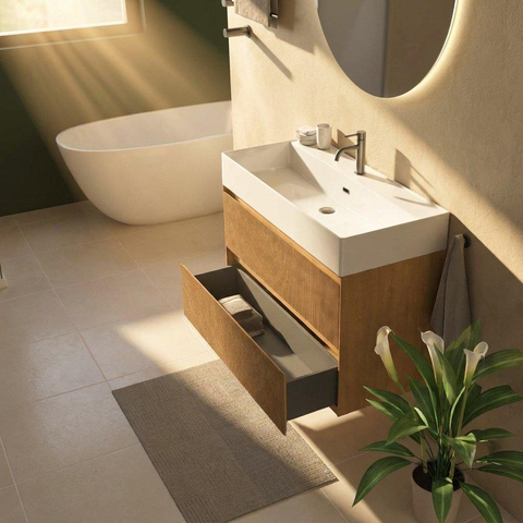 Saniclass Holz Atelier Ensemble meuble de salle de bains - 100x45x72cm - Legend lavabo en céramique blanc - 1 vasque - 1 trou de robinet - 2 tiroirs - chêne natural mat (bois) SW1478489