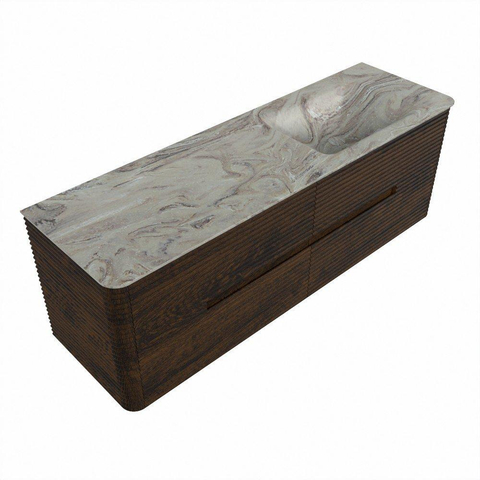 Mondiaz CIRO-DLUX Ensemble de meubles de salle de bains - 150x45x50cm - Vasque solid surface Glace - 1 lavabo à droite - 1 trou de robinet - 4 tiroirs - Noyer SW1530254