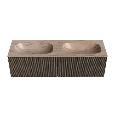 MONDIAZ KURVE-DLUX Meuble de salle de bains 150 cm couleur Shadow avec 2 tiroirs et 0 porte. Plan-vasque STOR SMALL Double 2 trous de robinet Saba. SW1434050