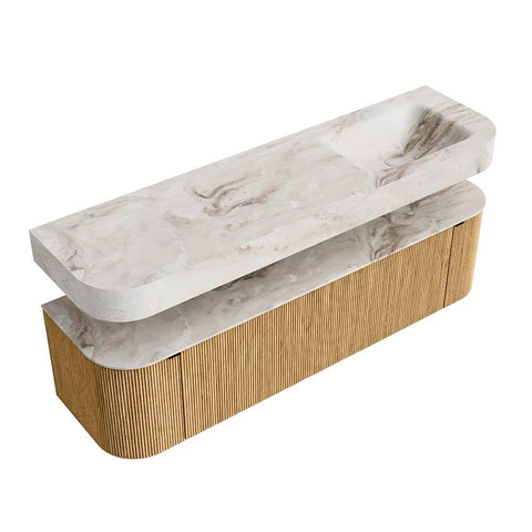 MONDIAZ THOR-DLUX Meuble de salle de bains 170cm arrondi gauche + droite couleur Oak avec 1 tiroir et 2 portes. Vasque suspendue CLOUD Droite 1 trou de robinet couleur Frappe. SW1465426