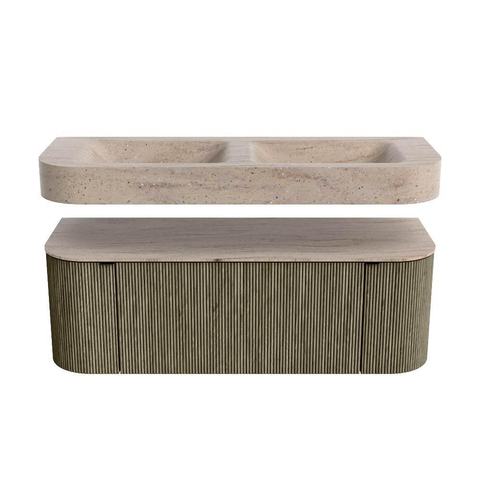 MONDIAZ THOR-DLUX 130cm meuble de salle de bains arrondi gauche + droite couleur Shadow avec 1 tiroir et 2 portes. Vasque suspendue CLOUD Double 2 trous de robinet couleur Saba. SW1464066