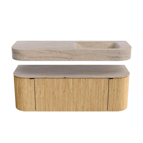 MONDIAZ THOR-DLUX 130cm meuble de salle de bains arrondi gauche + droite couleur Chêne avec 1 tiroir et 2 portes. Vasque suspendue CLOUD Droite sans trou de robinet couleur Saba. SW1464023