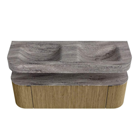 MONDIAZ THOR-DLUX 140cm meuble de salle de bains arrondi gauche + droite couleur Dusk avec 1 tiroir et 2 portes. Vasque suspendue CLOUD Double 2 trous de robinet couleur Oza. SW1464289