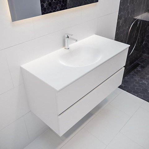 MONDIAZ VICA Ensemble de meuble salle de bain - 100cm - 2 tiroirs - lavabo Moon central - 1 trou de robinet - solid surface talc SW409699