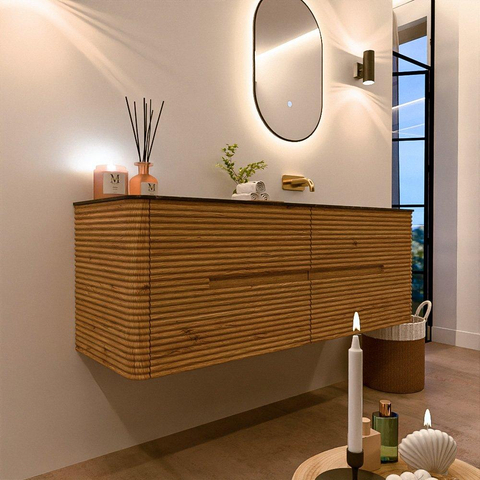 Mondiaz CIRO-DLUX Meuble de salle de bains - 140x45x50cm - Plan vasque solid surface Lava - 1 lavabo à droite - sans trous de robinetterie - 4 tiroirs - Chêne SW1531015