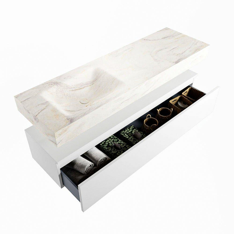 Mondiaz ALAN-DLUX Ensemble de meuble - 150cm - meuble Talc mat - 1 tiroir - Lavabo Cloud Ostra suspendu - vasque Gauche - 1 trou de robinet SW807041