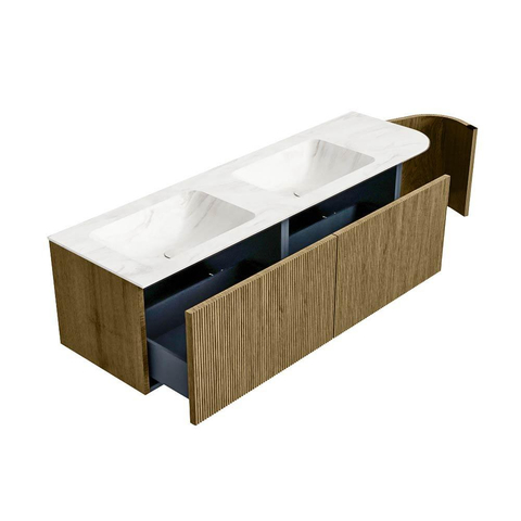 Mondiaz KURVE-DLUX Badkamermeubelset - 155x46x40cm - 2 lade - 1 deur - wastafel solid surface - dubbel / links - zonder kraangat - Dusk SW1415177