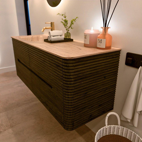 Mondiaz CIRO-DLUX Meuble de salle de bains - 130x45x50cm - Plan-vasque Solid surface Arena - 1 vasque à gauche - 1 trou de robinet - 4 tiroirs - Shadow SW1532385