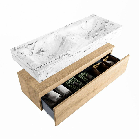 Mondiaz ALAN-DLUX Ensemble de meuble - 120cm - meuble Washed Oak mat - 1 tiroir - Lavabo Cloud Glace suspendu - vasque Gauche et droite - 0 trous de robinet SW808664
