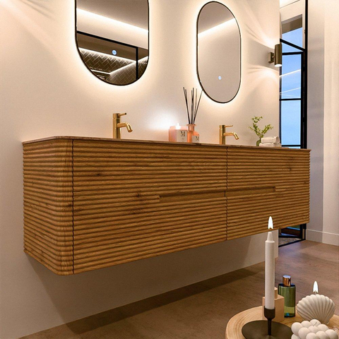 Mondiaz CIRO-DLUX Meuble de salle de bains - 180x45x50cm - Plan-vasque solid surface Arena - 2 vasques Double - 2 perçages de robinetterie - 4 tiroirs - Chêne SW1531369