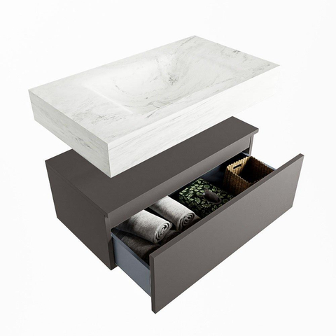 Mondiaz ALAN-DLUX Ensemble de meuble - 80cm - meuble Dark grey mat - 1 tiroir - Lavabo Cloud Opalo suspendu - vasque Centre - 0 trous de robinet SW806414