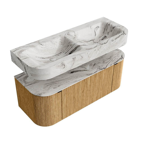 MONDIAZ THOR-DLUX 120cm badmeubel ronding links + rechts kleur Oak met 1 lade en 2 deuren. Vrijhangende wastafel CLOUD Dubbel zonder kraangat kleur Glace. SW1463059