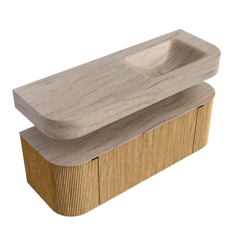 MONDIAZ THOR-DLUX 130cm meuble de salle de bains arrondi gauche + droite couleur Chêne avec 1 tiroir et 2 portes. Vasque suspendue CLOUD Droite sans trou de robinet couleur Saba. SW1464023