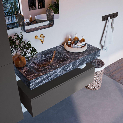 Mondiaz ALAN-DLUX Ensemble de meuble - 110cm - meuble Dark grey mat - 1 tiroir - Lavabo Cloud Lava suspendu - vasque Gauche - 0 trous de robinet SW808115