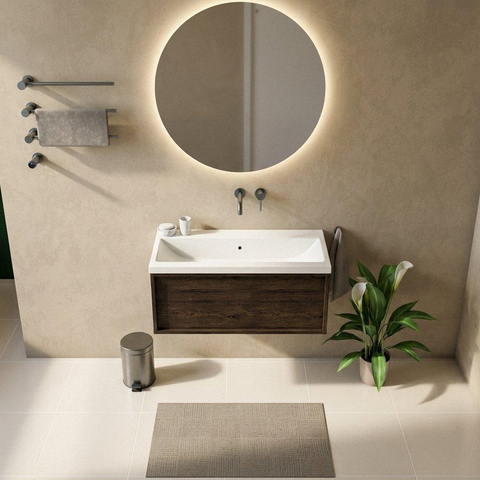 Saniclass Holz Frame Ensemble meuble de salle de bains - 100x45x43.5cm - Bari lavabo en céramique blanc - 1 vasque - sans trou de robinet - 1 tiroir - chêne charcoal mat (bois) SW1478748