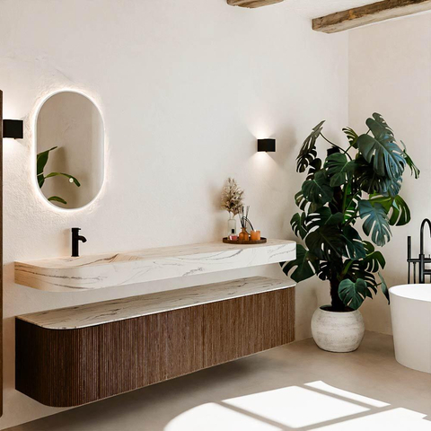 MONDIAZ THOR-DLUX 200cm meuble de salle de bains arrondi gauche + droite couleur Walnut avec 2 tiroirs et 2 portes. Vasque suspendue CLOUD gauche 1 trou de robinet couleur Nata. SW1467146