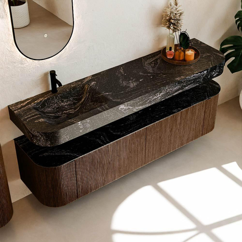 MONDIAZ THOR-DLUX 180cm meuble de salle de bains arrondi gauche + droite couleur Walnut avec 2 tiroirs et 2 portes. Vasque suspendue CLOUD gauche 1 trou de robinet couleur Lava. SW1465969