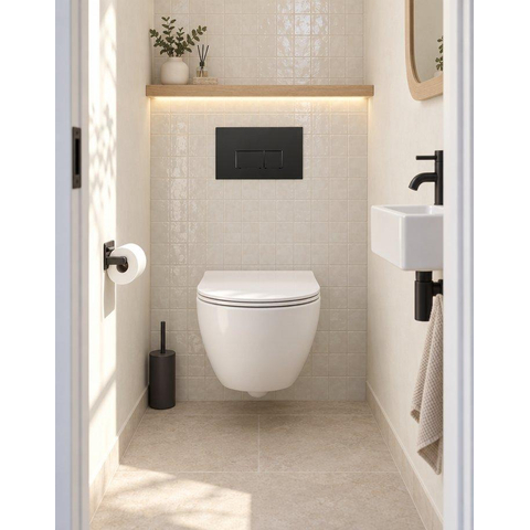 Pack WC QeramiQ Dely Swirl Compact - réservoir encastrable Geberit UP320 - avec bâti-support Burda - abattant slim - plaque de commande en plastique noir mat - boutons rectangulaires - blanc mat SW1595632