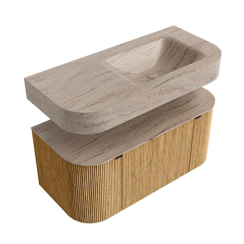 MONDIAZ THOR-DLUX Meuble de salle de bains 100cm arrondi gauche + droite couleur Oak avec 1 tiroir et 2 portes. Vasque suspendue CLOUD Droite sans trou de robinet couleur Saba. SW1467551