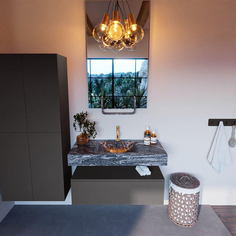 Mondiaz ALAN-DLUX Ensemble de meuble - 100cm - meuble Dark grey mat - 1 tiroir - Lavabo Cloud Lava suspendu - vasque Centre - 1 trou de robinet SW808183