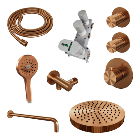 BRAUER Stripe Douche de tête thermostatique encastrée - SET 05 - pomme de douche 25cm - bras mural courbé - douchette 3 positions - flexible de douche - coude mural - cuivre brossé PVD SW1434916