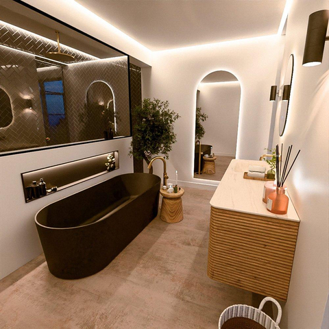 Mondiaz CIRO-DLUX Badkamermeubelset - 150x45x50cm - Solid surface wastafel Meli - 1 wasbak Links - zonder kraangaten - 4 lades - Oak SW1531414