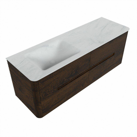 Mondiaz CIRO-DLUX Meuble de salle de bains - 140x45x50cm - Plan vasque solid surface Opalo - 1 vasque à gauche - 1 trou de robinet - 4 tiroirs - Noyer SW1530518
