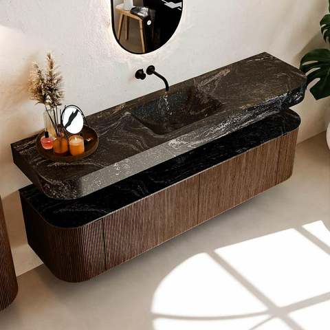 MONDIAZ THOR-DLUX 180cm meuble de salle de bains arrondi gauche + droite couleur Walnut avec 2 tiroirs et 2 portes. Vasque suspendue CLOUD Centre sans trou de robinet couleur Lava. SW1465959